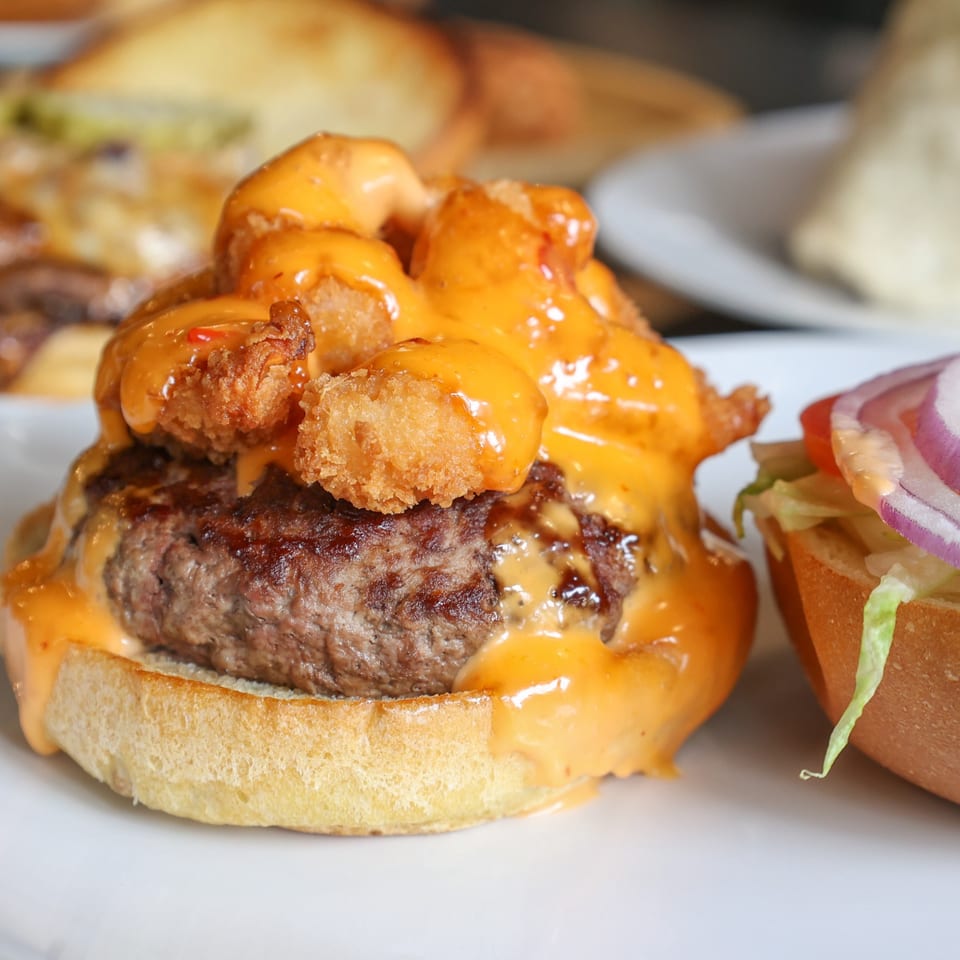 Close-up of a Burger Shack burger with a thick patty, cheese sauce, and crispy fried toppings.