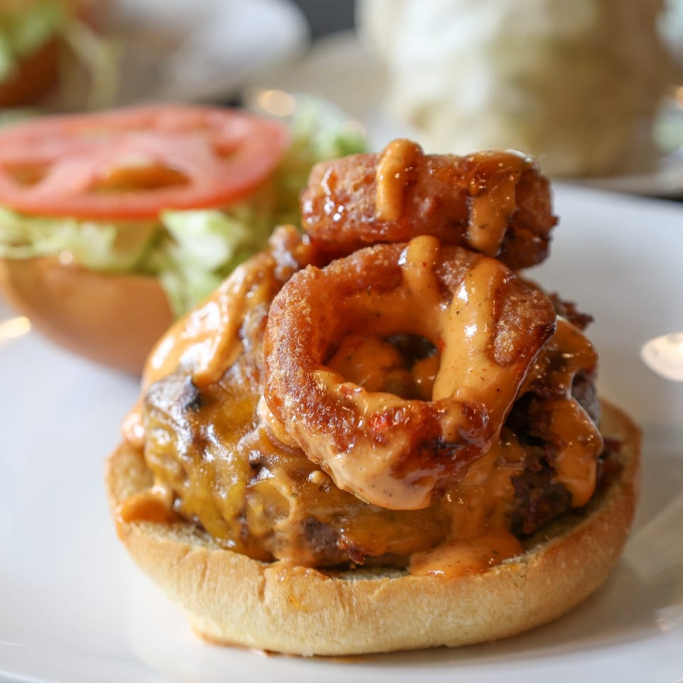 A Burger Shack burger with melted cheese, onion rings, and special sauce on a bun.